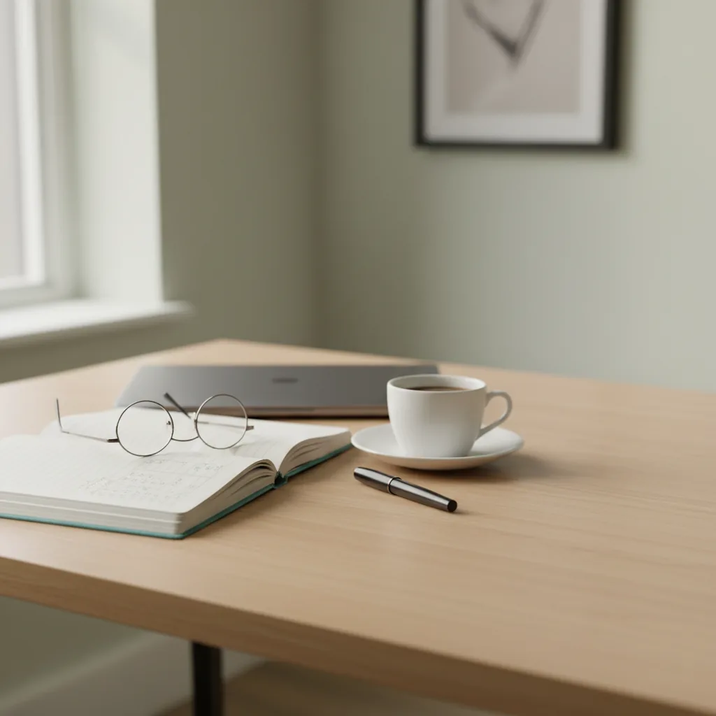 A calm accountant's desk in warm daylight — open notebook with neat figures, reading glasses, a ceramic coffee cup and a closed laptop